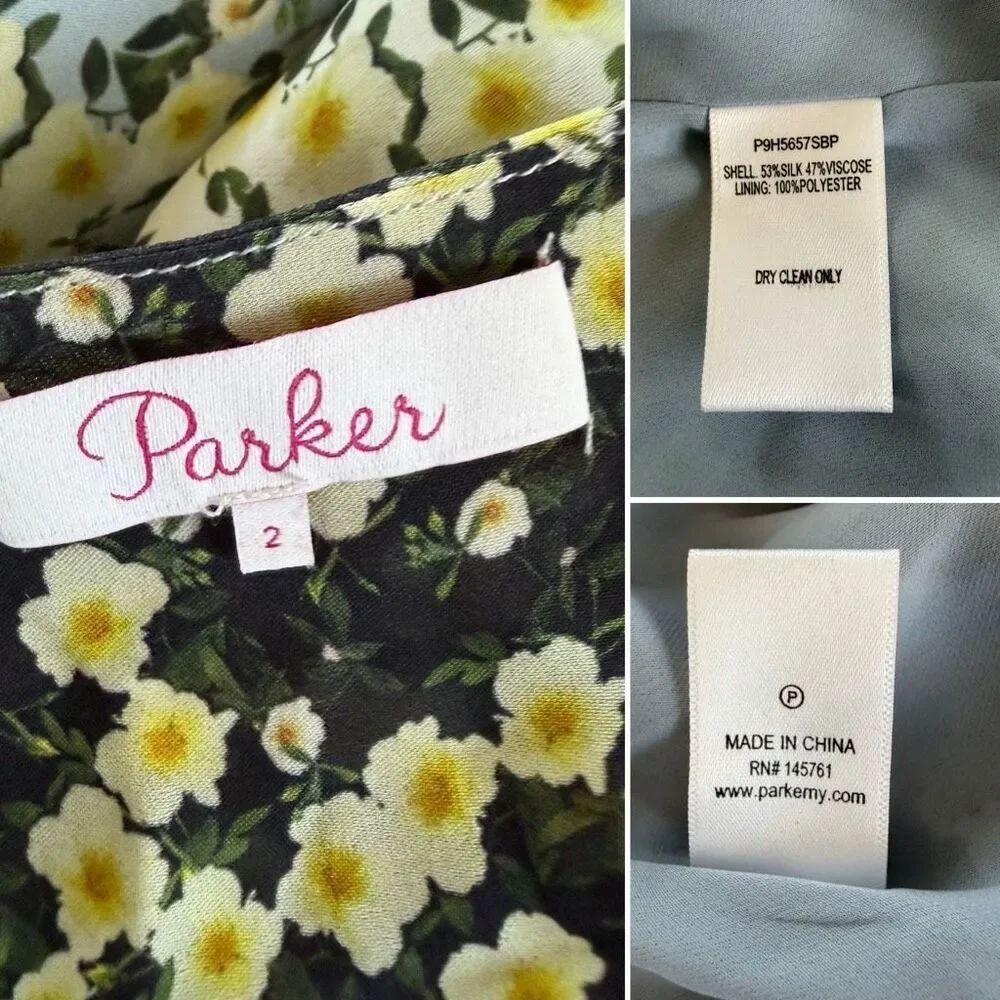 Parker Shelby Silk Floral Blossom Patchwork MIDI Dress Blue Multi Size 2 - Picture 11 of 12